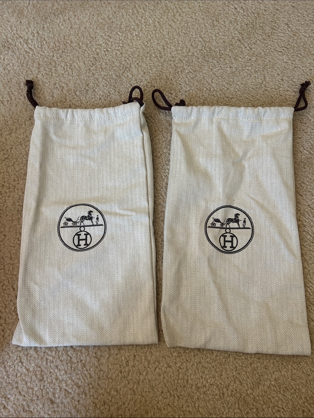 Hermes Cream Drawstring shoes Dust Bags with Brown Cord (Pair)